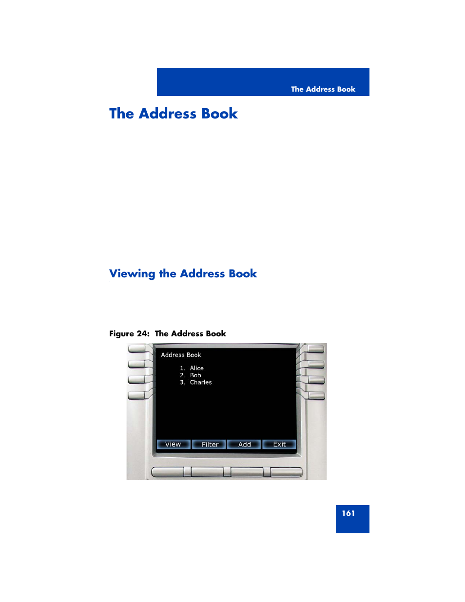 The address book, Viewing the address book | Avaya NN43170-100 User Manual | Page 161 / 378