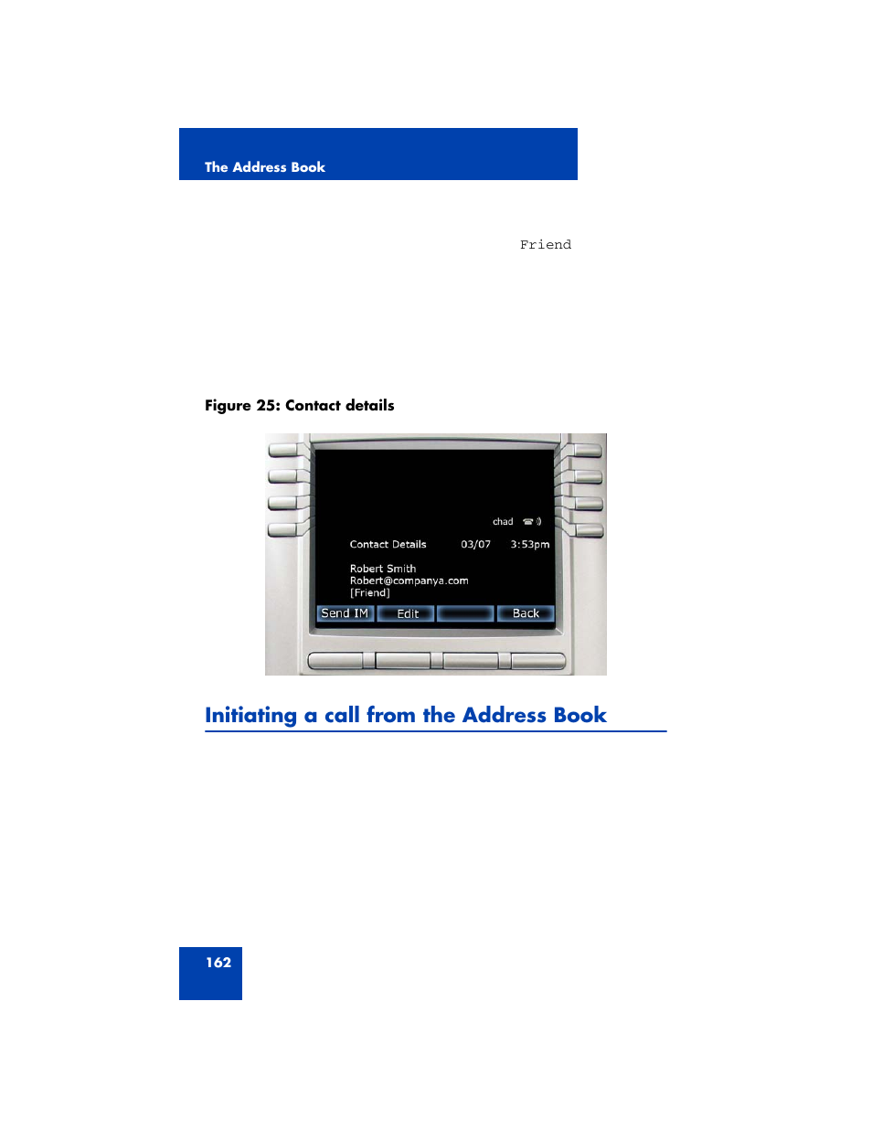 Initiating a call from the address book | Avaya NN43170-100 User Manual | Page 162 / 378