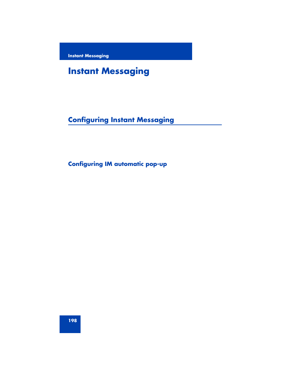 Instant messaging, Configuring instant messaging, Configuring im automatic pop-up | Avaya NN43170-100 User Manual | Page 198 / 378