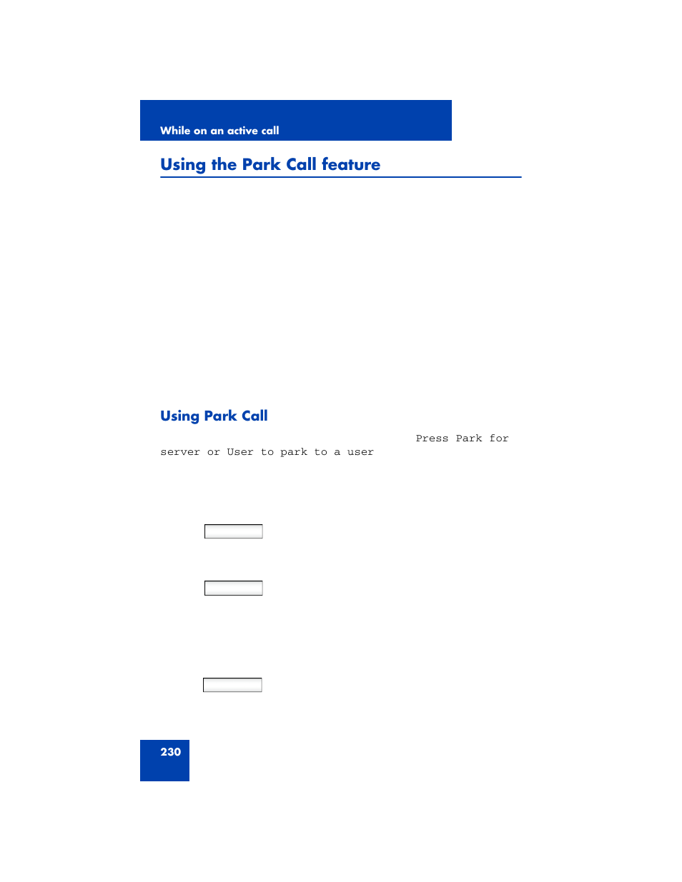 Using the park call feature, Using park call | Avaya NN43170-100 User Manual | Page 230 / 378
