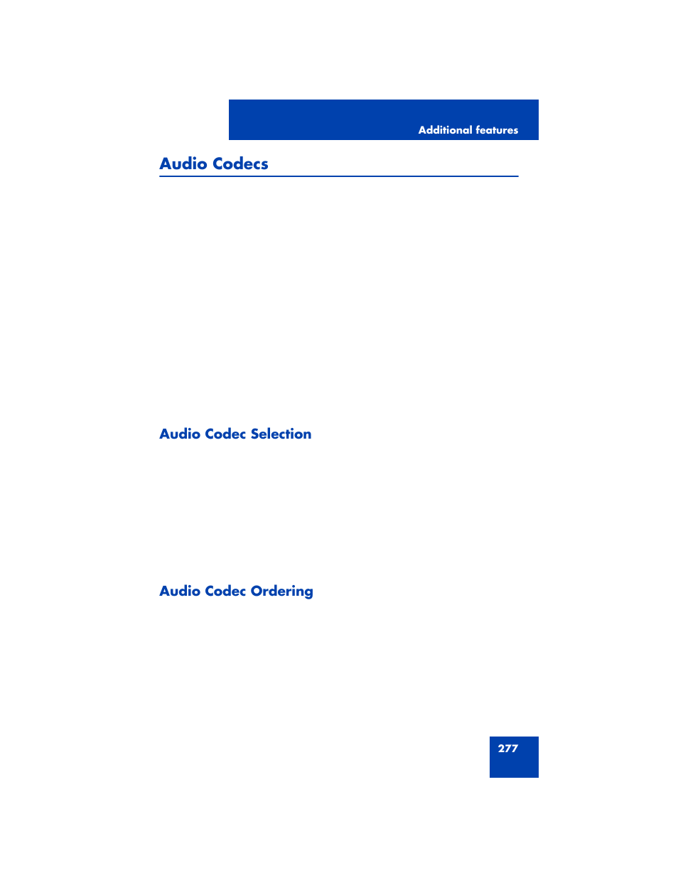 Audio codecs, Audio codec selection, Audio codec ordering | Avaya NN43170-100 User Manual | Page 277 / 378