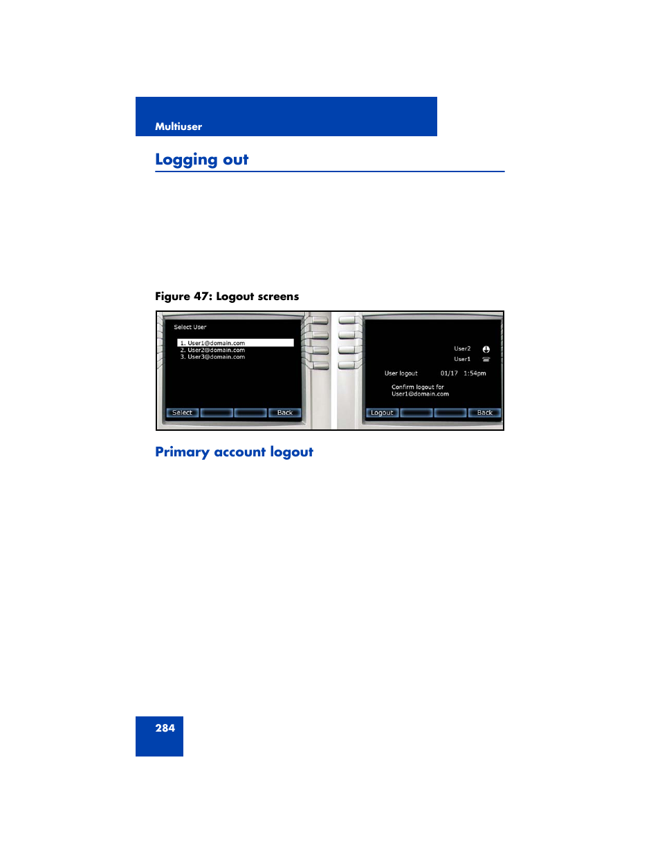 Logging out, Primary account logout | Avaya NN43170-100 User Manual | Page 284 / 378