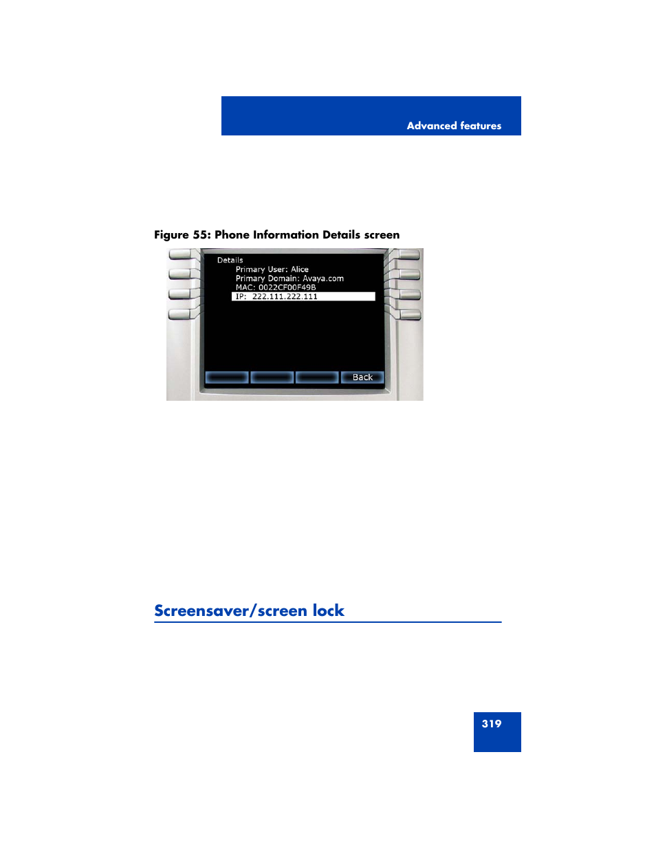Screensaver/screen lock | Avaya NN43170-100 User Manual | Page 319 / 378