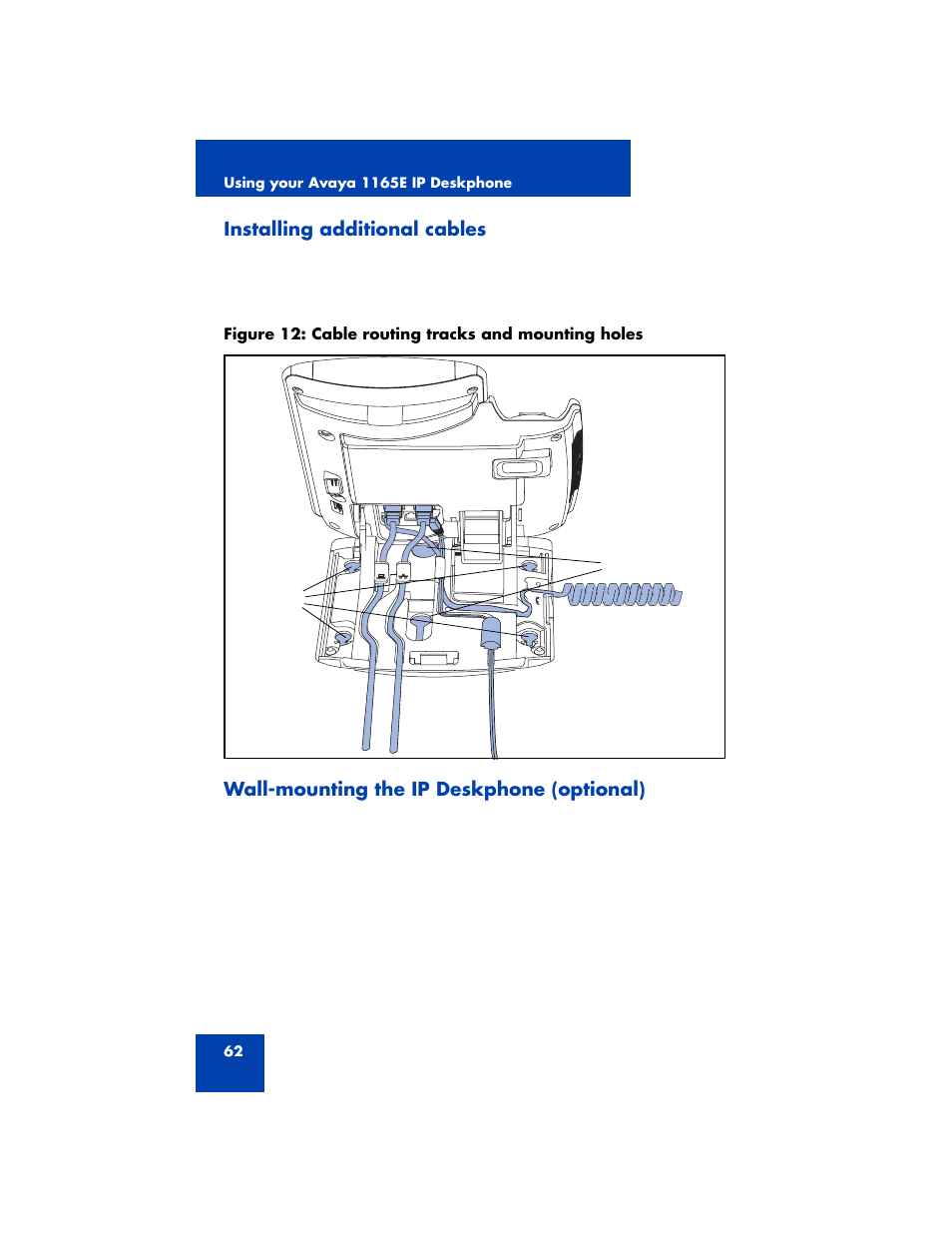 Installing additional cables, Wall-mounting the ip deskphone (optional) | Avaya NN43170-100 User Manual | Page 62 / 378