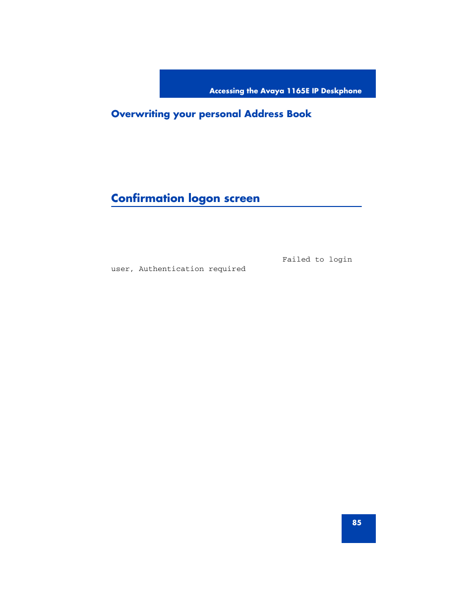 Overwriting your personal address book, Confirmation logon screen | Avaya NN43170-100 User Manual | Page 85 / 378