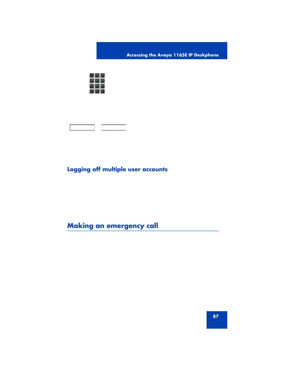 Logging off multiple user accounts, Making an emergency call | Avaya NN43170-100 User Manual | Page 87 / 378