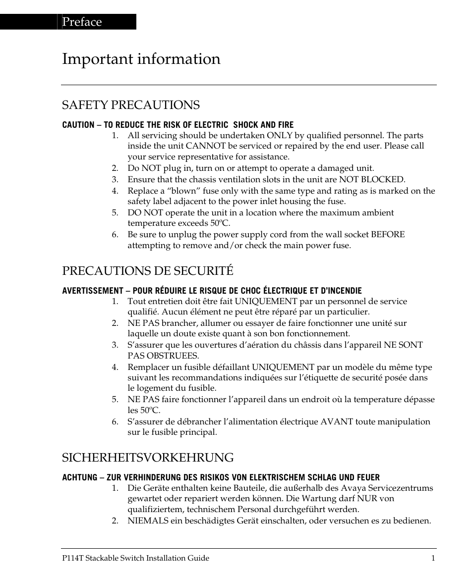 Important information, Preface, Safety precautions | Precautions de securité, Sicherheitsvorkehrung | Avaya P114T User Manual | Page 3 / 16
