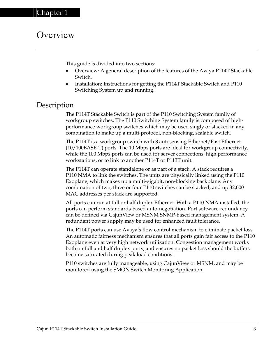 Overview, Chapter 1, Description | Avaya P114T User Manual | Page 5 / 16