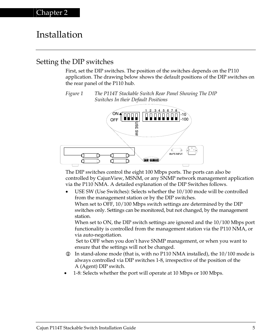 Installation, Chapter 2, Setting the dip switches | Avaya P114T User Manual | Page 7 / 16