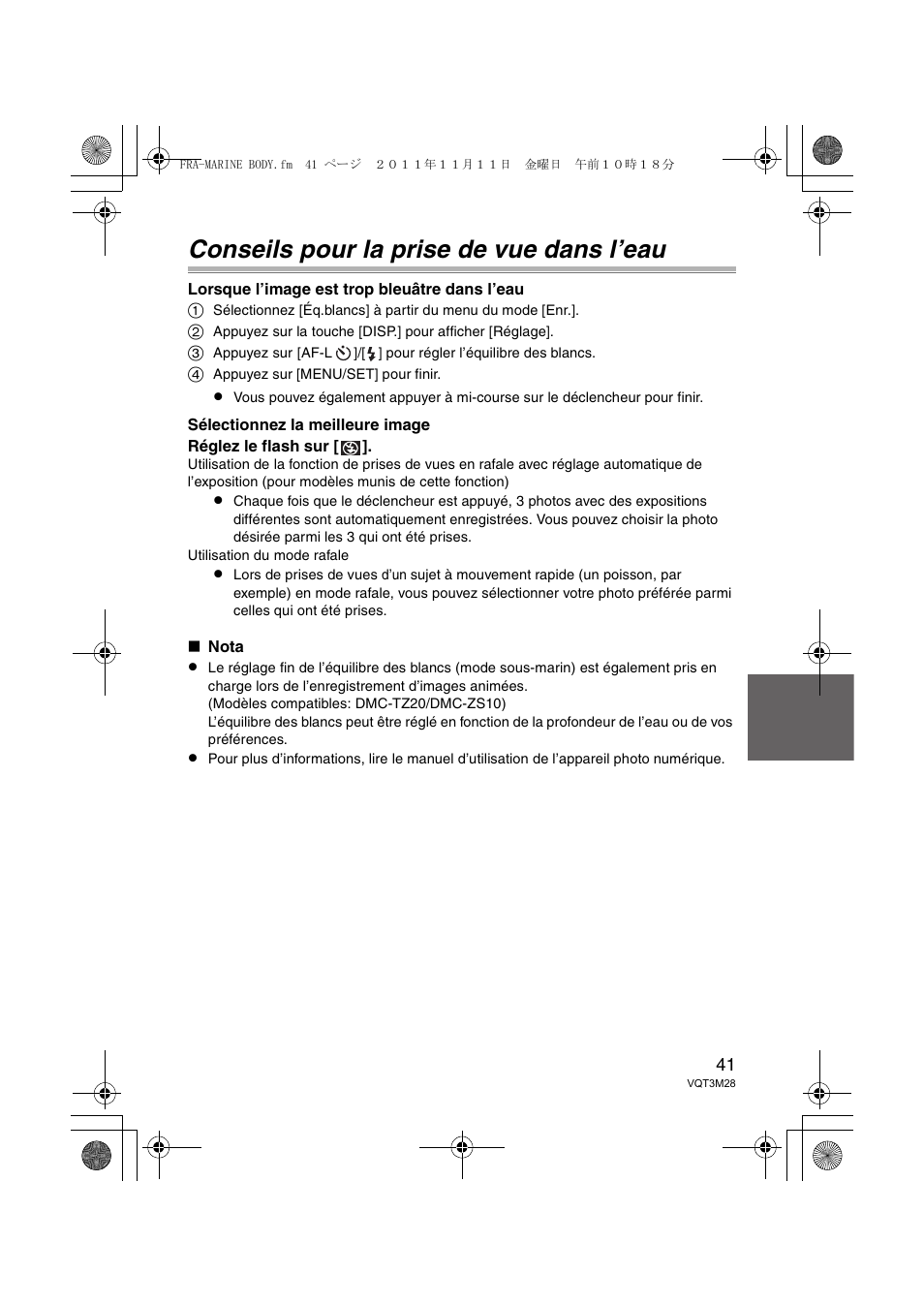 Conseils pour la prise de vue dans l’eau | Panasonic DMWMCTZ20PP User Manual | Page 41 / 184