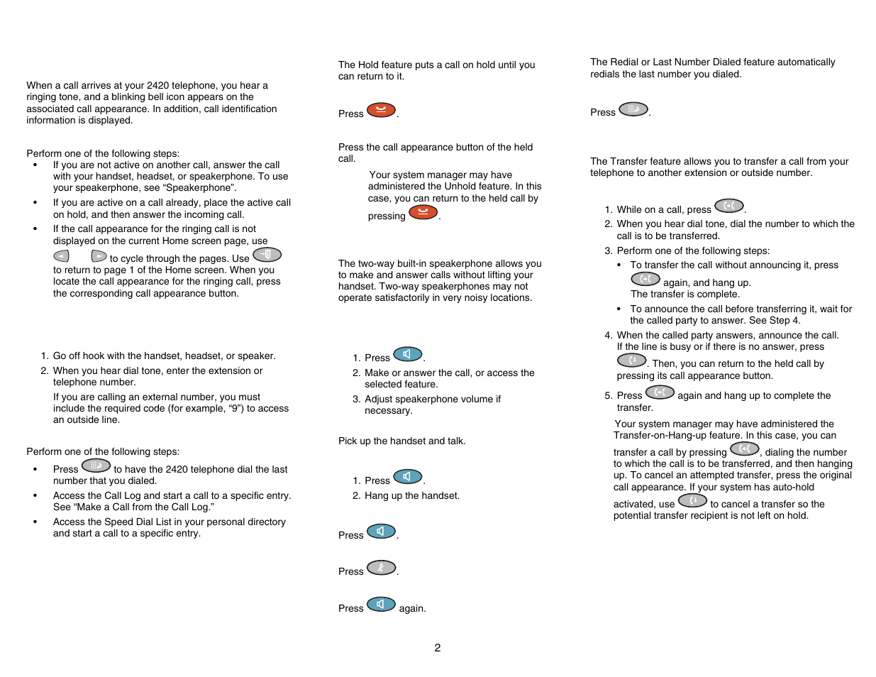 Call-handling features, Answer a call, Make a call | Hold, Speakerphone, Redial, Transfer | Avaya 2420 User Manual | Page 2 / 4