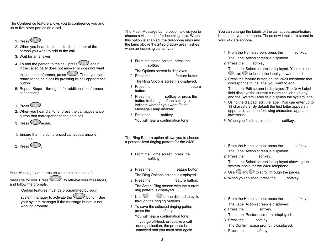 Getting messages, Personalized settings, Call appearance/button labels | Conference, Message, Visual ring, Ring pattern, Edit labels, View the system labels, Restore the system labels | Avaya 2420 User Manual | Page 3 / 4