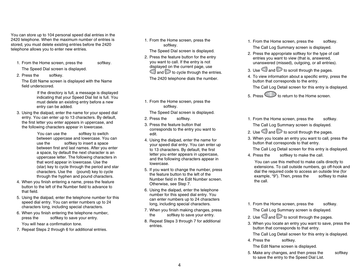 Speed dial/personal directory, Call log, Add a speed dial entry | Make a call from a speed dial, Edit a speed dial entry, View the call log, Make a call from the call log, Save a call log entry to a speed dial | Avaya 2420 User Manual | Page 4 / 4