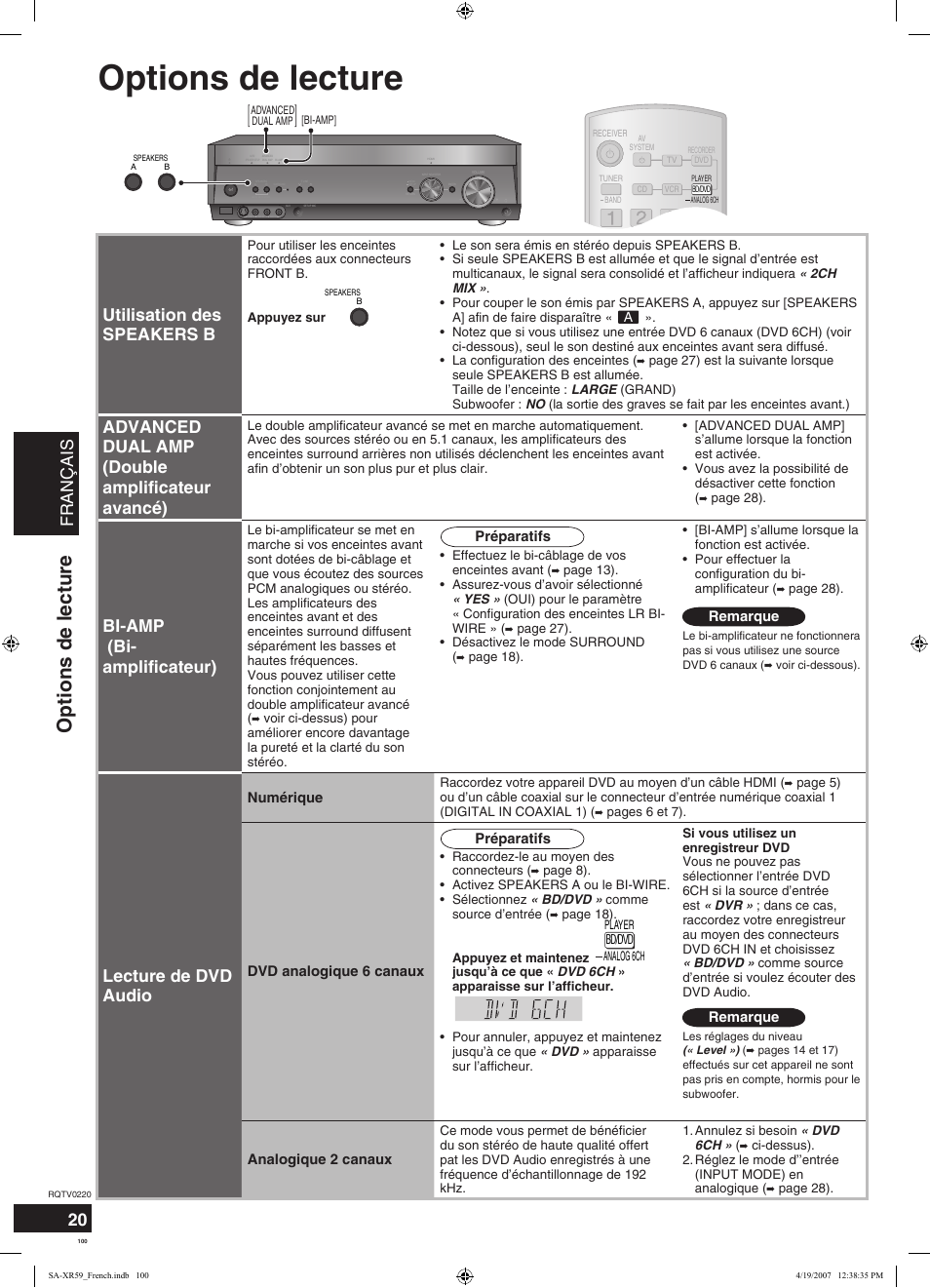 Options de lecture, Français, Utilisation des speakers b | Advanced dual amp (double amplificateur avancé), Bi-amp (bi- amplificateur), Lecture de dvd audio | Panasonic SAXR59 User Manual | Page 100 / 120