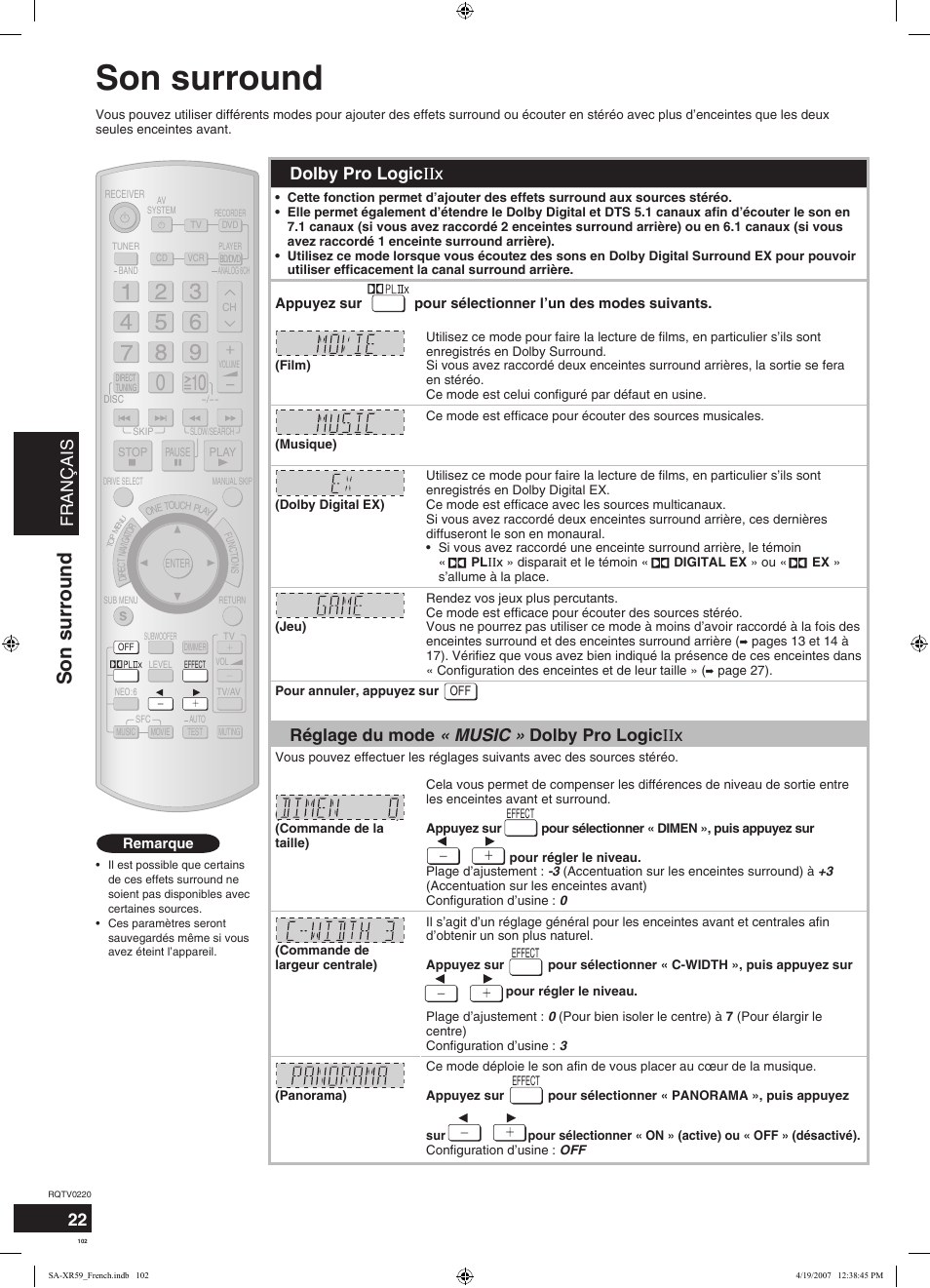 Son surround, Français, Dolby pro logic ιιx | Réglage du mode « music » dolby pro logic ιιx | Panasonic SAXR59 User Manual | Page 102 / 120