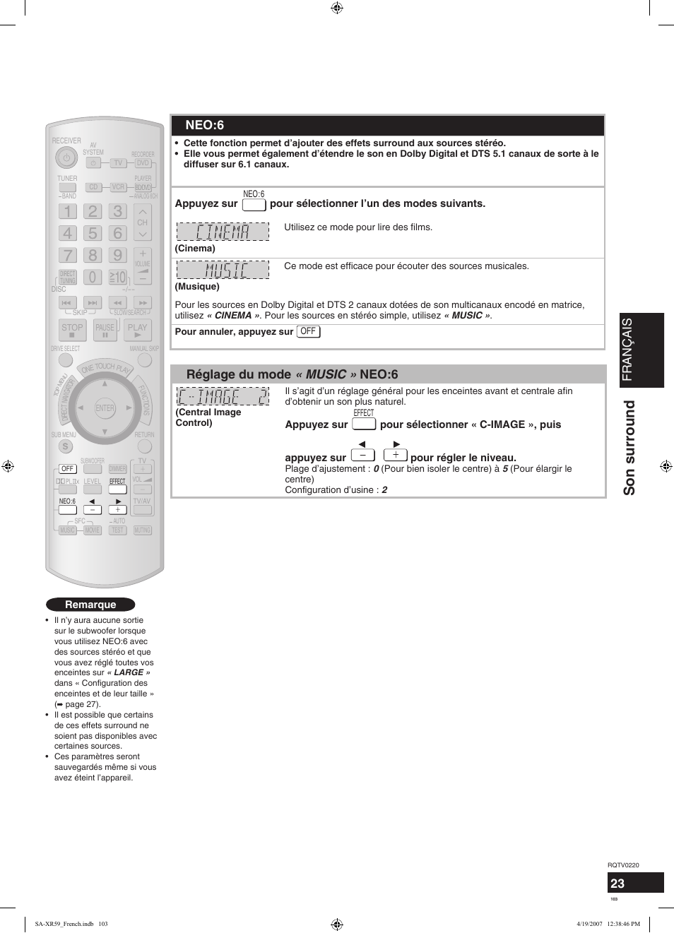 Son surround, Français, 23 dolby pro logic ιιx | Neo:6, Réglage du mode « music » neo:6 | Panasonic SAXR59 User Manual | Page 103 / 120