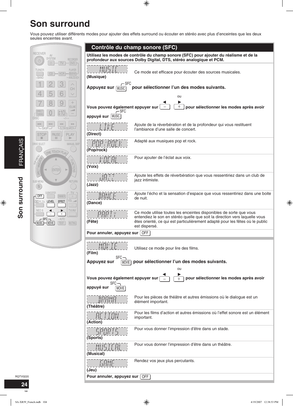 Son surround, Français, Contrôle du champ sonore (sfc) | Panasonic SAXR59 User Manual | Page 104 / 120