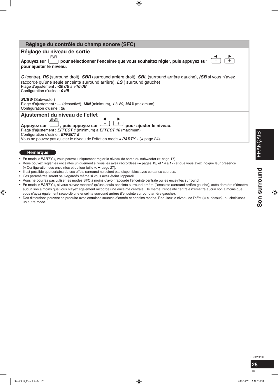 Son surround, Français, Contrôle du champ sonore (sfc) | Ajustement du niveau de l’effet | Panasonic SAXR59 User Manual | Page 105 / 120