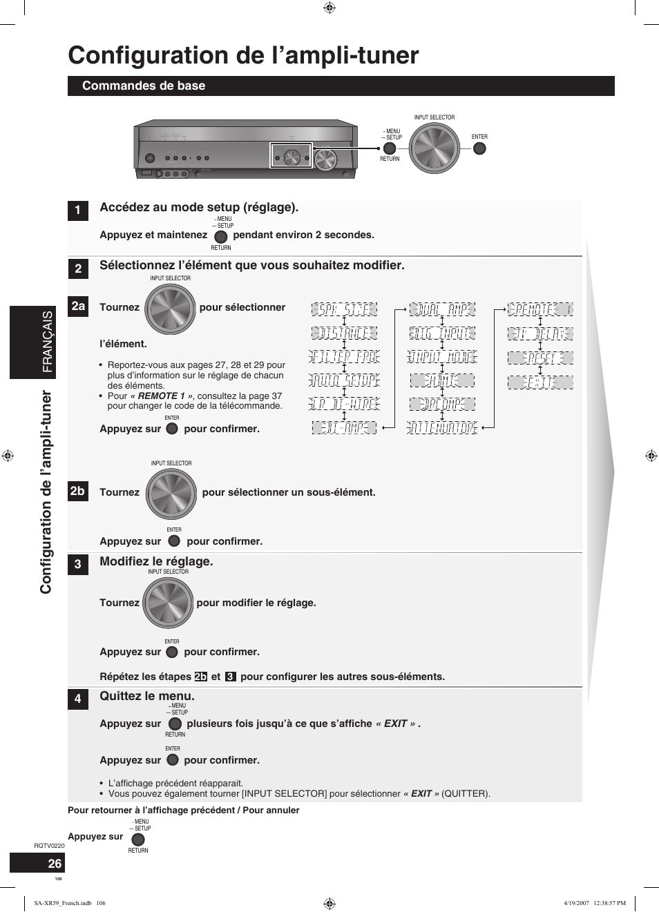 Configuration de l’ampli-tuner, Français, Sélectionnez l’élément que vous souhaitez modifier | Modifiez le réglage, Quittez le menu | Panasonic SAXR59 User Manual | Page 106 / 120