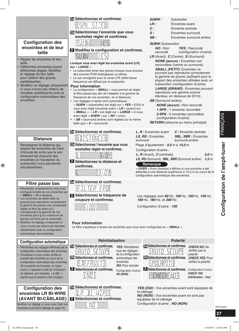 Configuration de l’ampli-tuner, Français, Filtre passe bas | Configuration automatique | Panasonic SAXR59 User Manual | Page 107 / 120