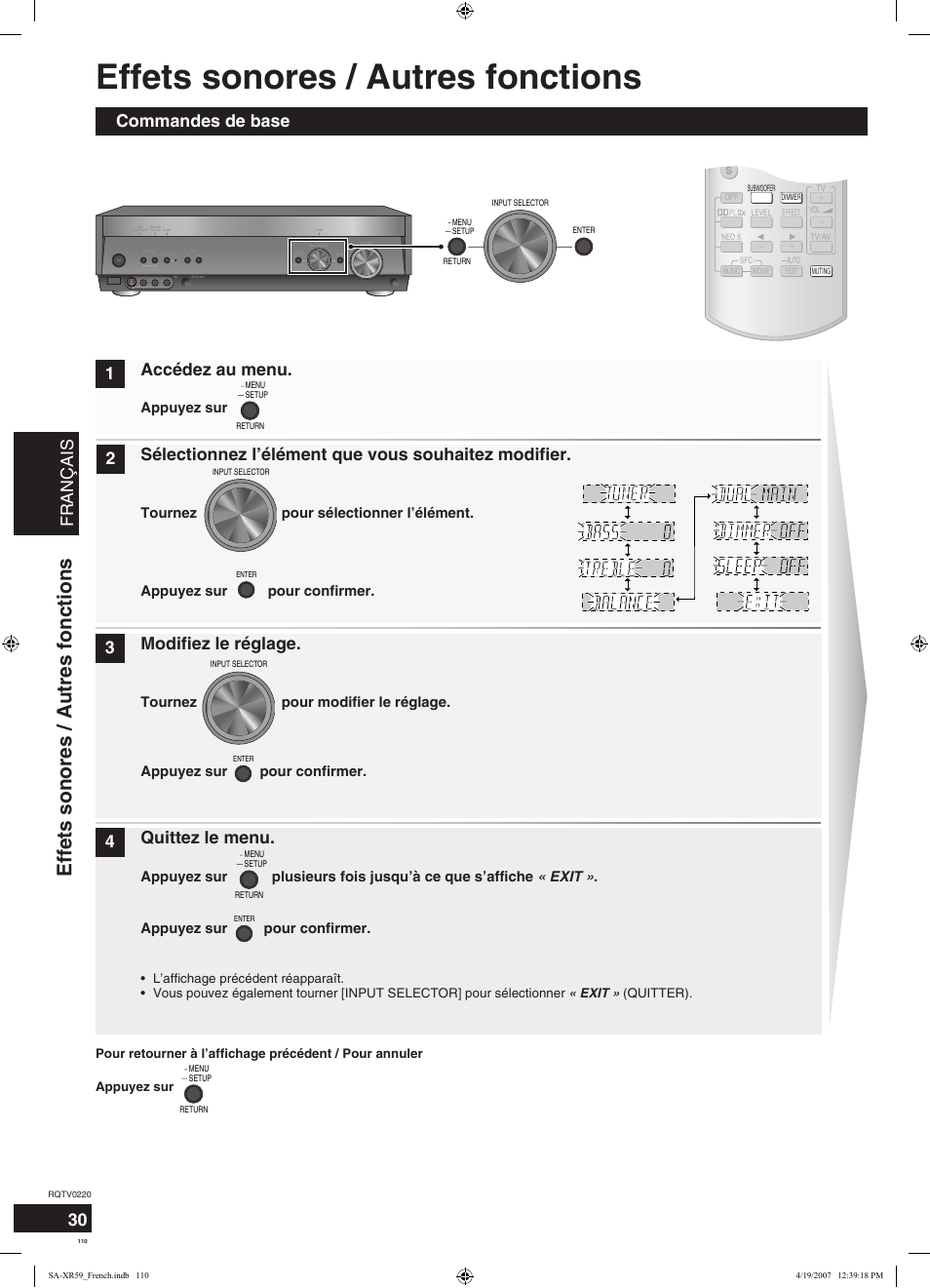 Effets sonores / autres fonctions, Français, Commandes de base 1 2 3 4 accédez au menu | Sélectionnez l’élément que vous souhaitez modifier, Modifiez le réglage, Quittez le menu, Appuyez sur, Tournez pour sélectionner l’élément, Appuyez sur pour confirmer | Panasonic SAXR59 User Manual | Page 110 / 120