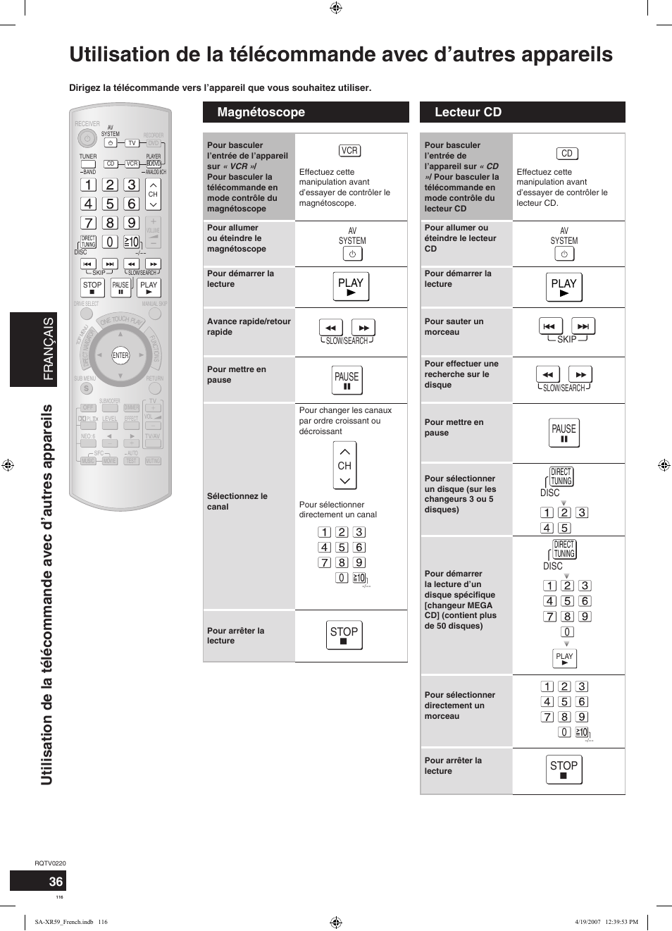 Français, Magnétoscope lecteur cd, Play | Pause, Stop | Panasonic SAXR59 User Manual | Page 116 / 120