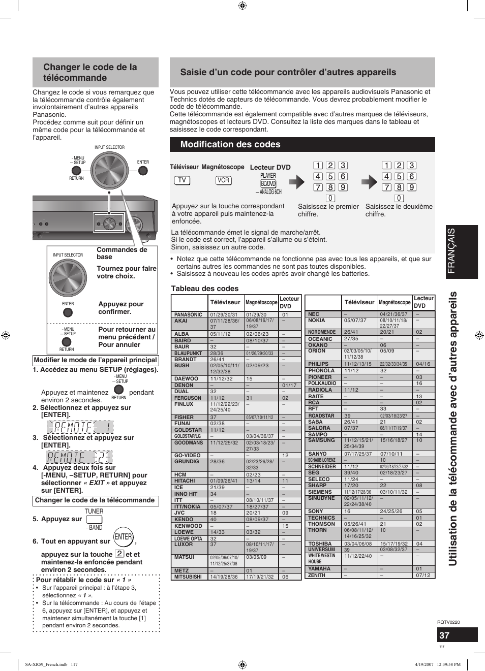 Français, Changer le code de la télécommande, Saisie d’un code pour contrôler d’autres appareils | Modification des codes, Enter, Tableau des codes | Panasonic SAXR59 User Manual | Page 117 / 120