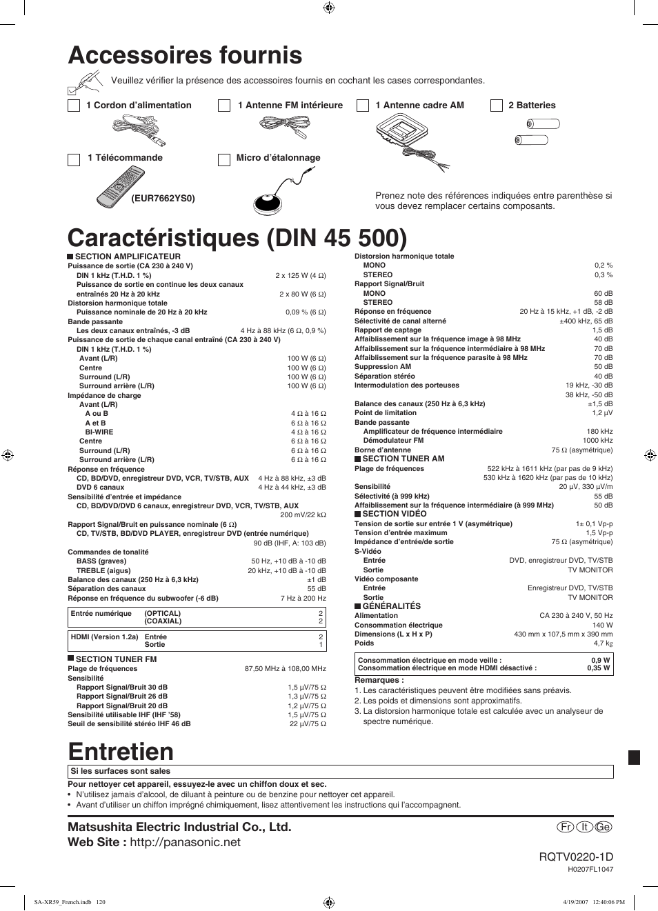 Accessoires fournis, Entretien | Panasonic SAXR59 User Manual | Page 120 / 120