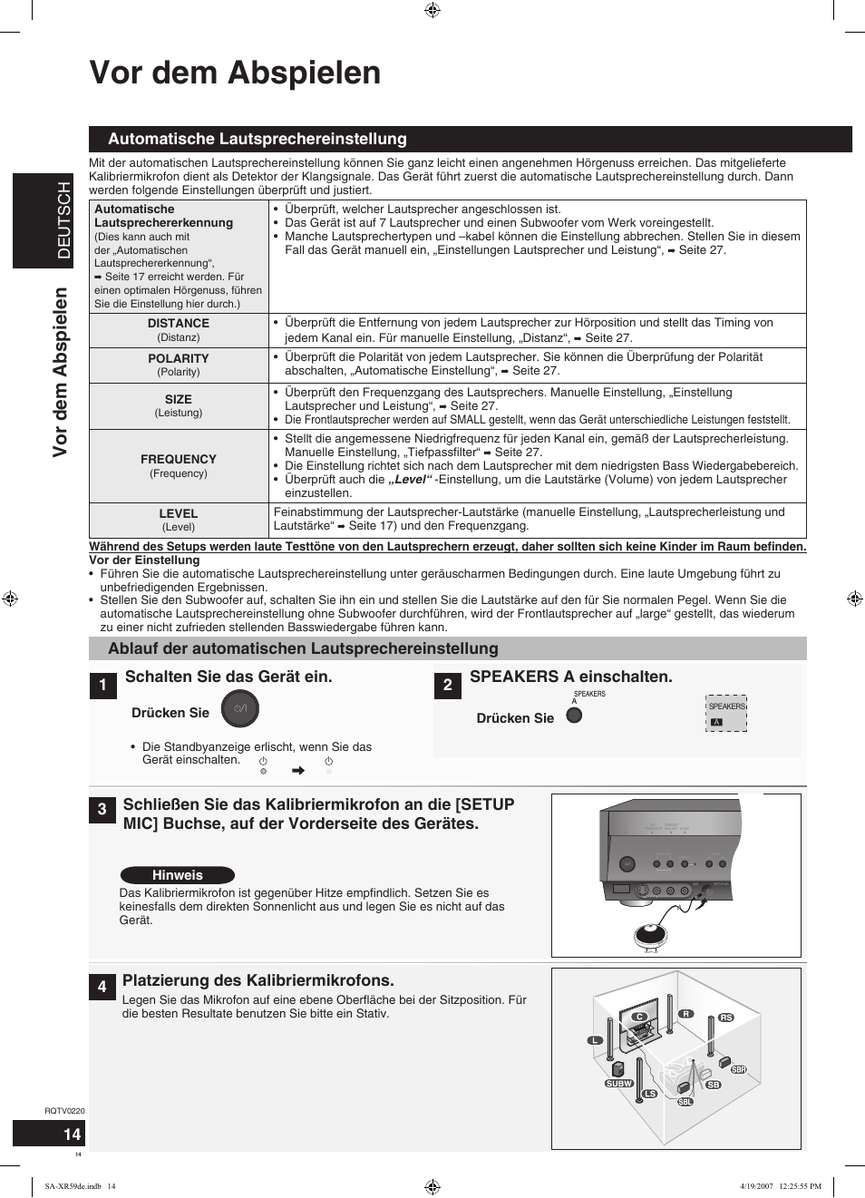 Vor dem abspielen, Deutsch, Platzierung des kalibriermikrofons | Automatische lautsprechereinstellung 14, Ablauf der automatischen lautsprechereinstellung, 1schalten sie das gerät ein, 2speakers a einschalten | Panasonic SAXR59 User Manual | Page 14 / 120