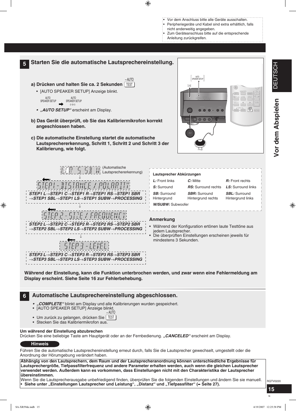 Vor dem abspielen, Deutsch, 2speakers a einschalten | Hinweis, A) drücken und halten sie ca. 2 sekunden, Anmerkung, Drücken sie, Test auto, Seite 27) | Panasonic SAXR59 User Manual | Page 15 / 120