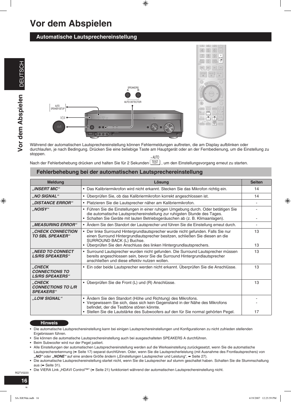 Vor dem abspielen, Deutsch, Automatische lautsprechereinstellung | Hinweis | Panasonic SAXR59 User Manual | Page 16 / 120