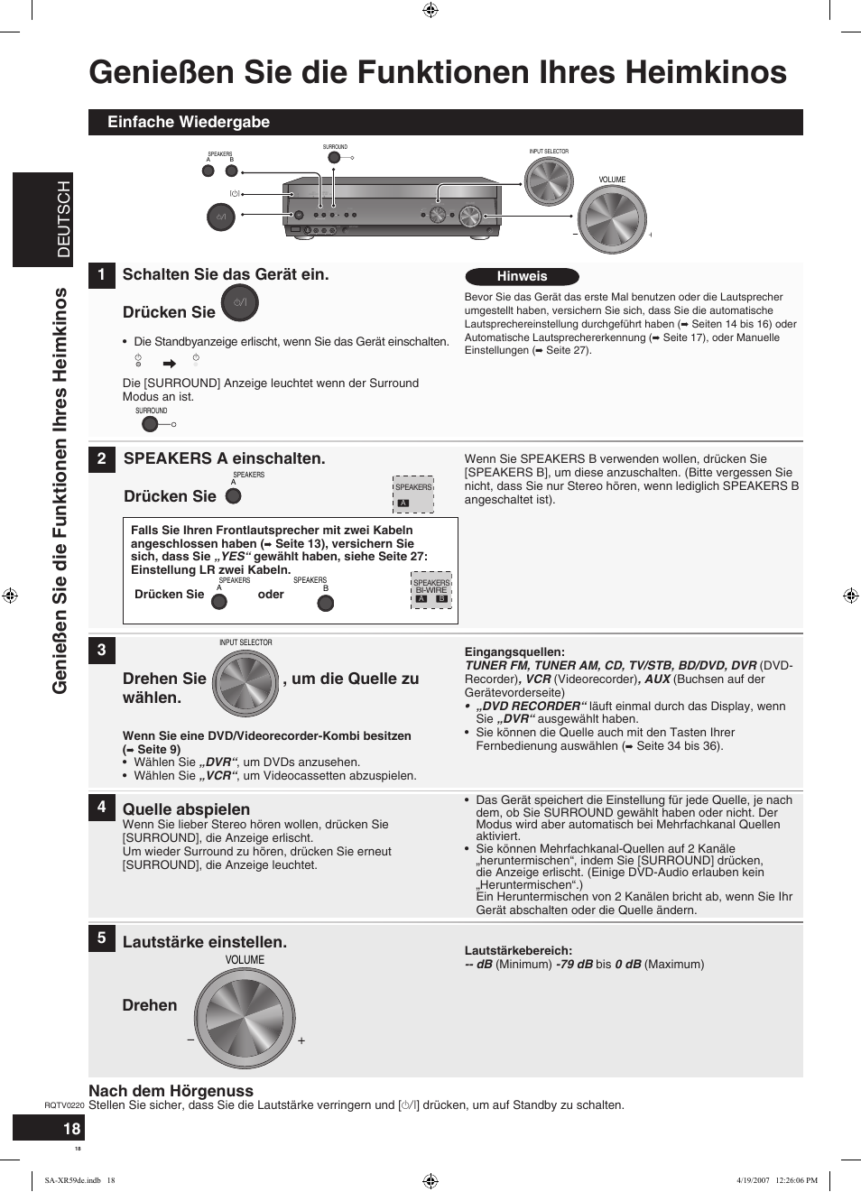 Genießen sie die funktionen ihres heimkinos, Deutsch, Drehen sie , um die quelle zu wählen | Quelle abspielen, Lautstärke einstellen, Nach dem hörgenuss, Drehen | Panasonic SAXR59 User Manual | Page 18 / 120