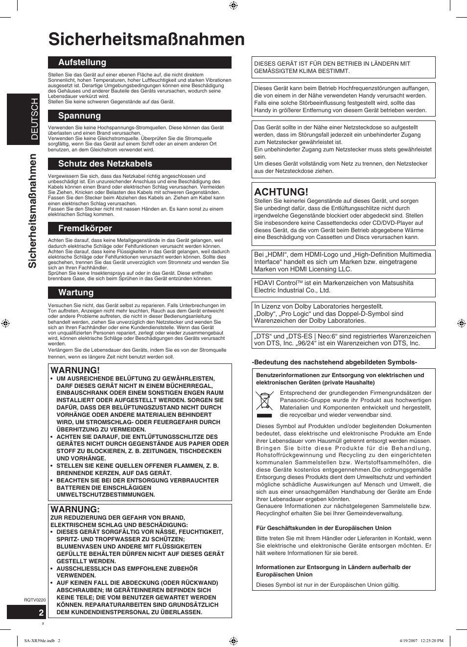 Sicherheitsmaßnahmen, Achtung, Deutsch | Aufstellung spannung, Schutz des netzkabels, Fremdkörper, Wartung, Warnung | Panasonic SAXR59 User Manual | Page 2 / 120