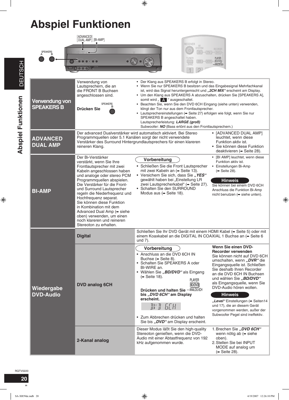 Abspiel funktionen, Deutsch, Verwendung von speakers b | Advanced dual amp, Bi-amp, Wiedergabe dvd-audio | Panasonic SAXR59 User Manual | Page 20 / 120