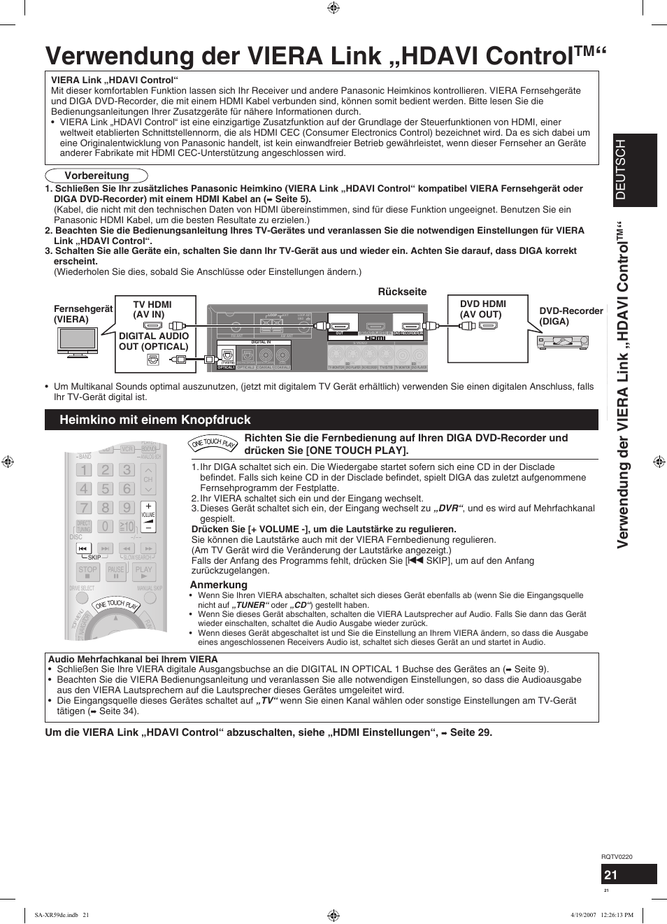 Verwendung der viera link „hdavi control, Deutsch, Heimkino mit einem knopfdruck | Vorbereitung rückseite, Anmerkung, Seite 29, Seite 34) | Panasonic SAXR59 User Manual | Page 21 / 120