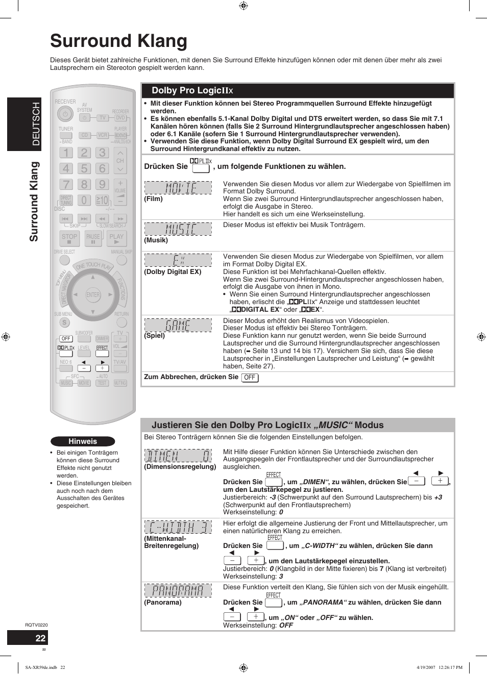 Surround klang, Deutsch, Dolby pro logic ii x | Panasonic SAXR59 User Manual | Page 22 / 120