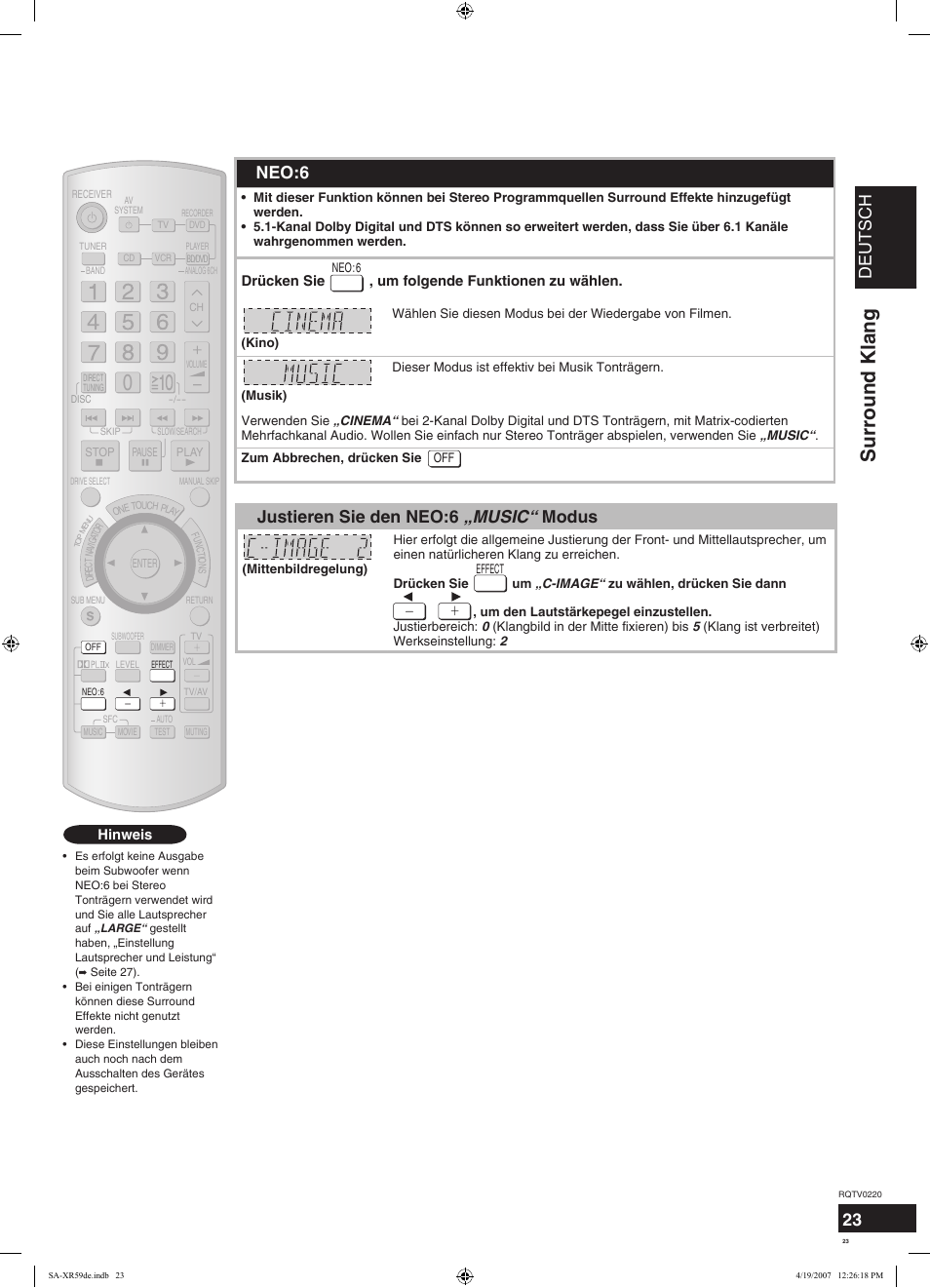 Surround klang, Deutsch, 23 dolby pro logic ii x | Neo:6, Justieren sie den neo:6 „music“ modus | Panasonic SAXR59 User Manual | Page 23 / 120