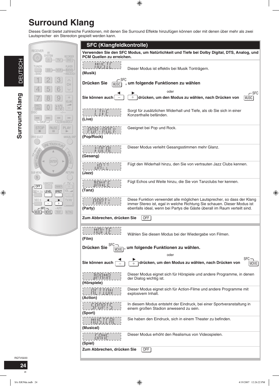 Surround klang, Deutsch, Sfc (klangfeldkontrolle) | Panasonic SAXR59 User Manual | Page 24 / 120