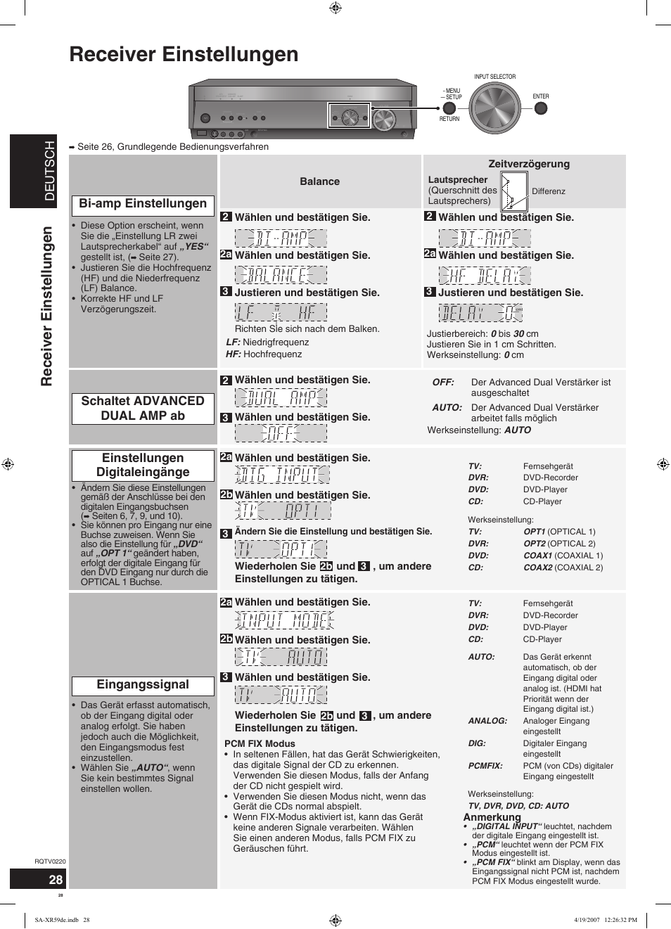 Receiver einstellungen, Deutsch, Schaltet advanced dual amp ab | Bi-amp einstellungen, Einstellungen digitaleingänge, Eingangssignal | Panasonic SAXR59 User Manual | Page 28 / 120