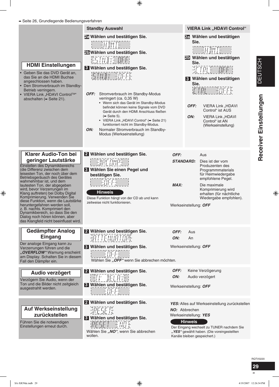 Receiver einstellungen, Deutsch | Panasonic SAXR59 User Manual | Page 29 / 120