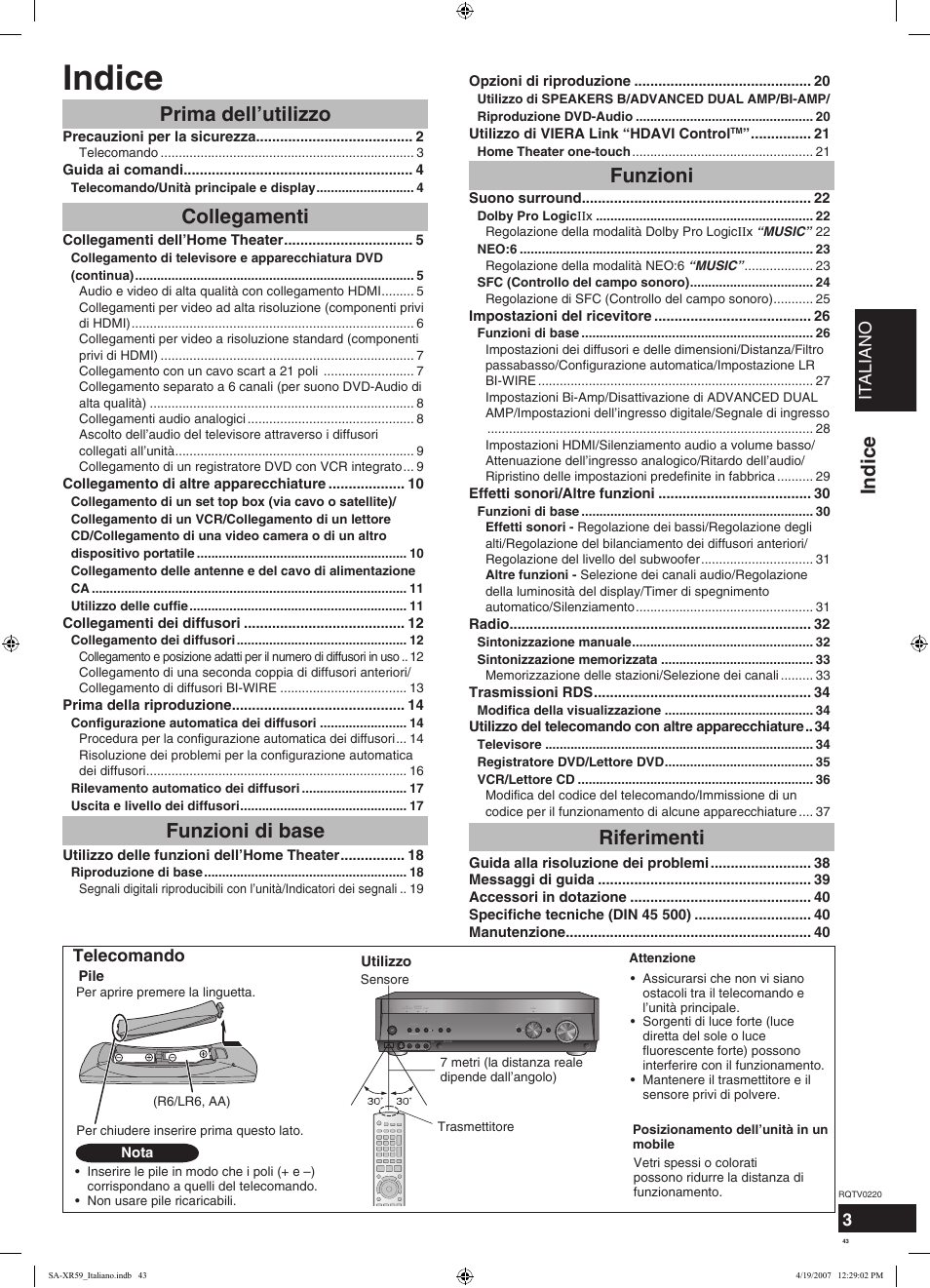 Indice, Riferimenti, Italiano | Telecomando | Panasonic SAXR59 User Manual | Page 43 / 120