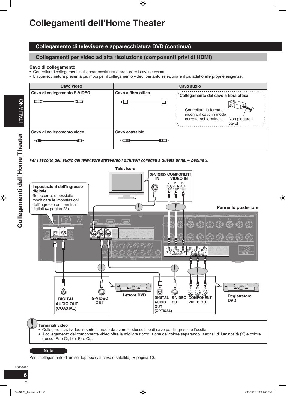 Collegamenti dell’home theater, Italiano, Cavo di collegamento | Pannello posteriore, Nota, Pagina 28). televisore, Blu: p | Panasonic SAXR59 User Manual | Page 46 / 120