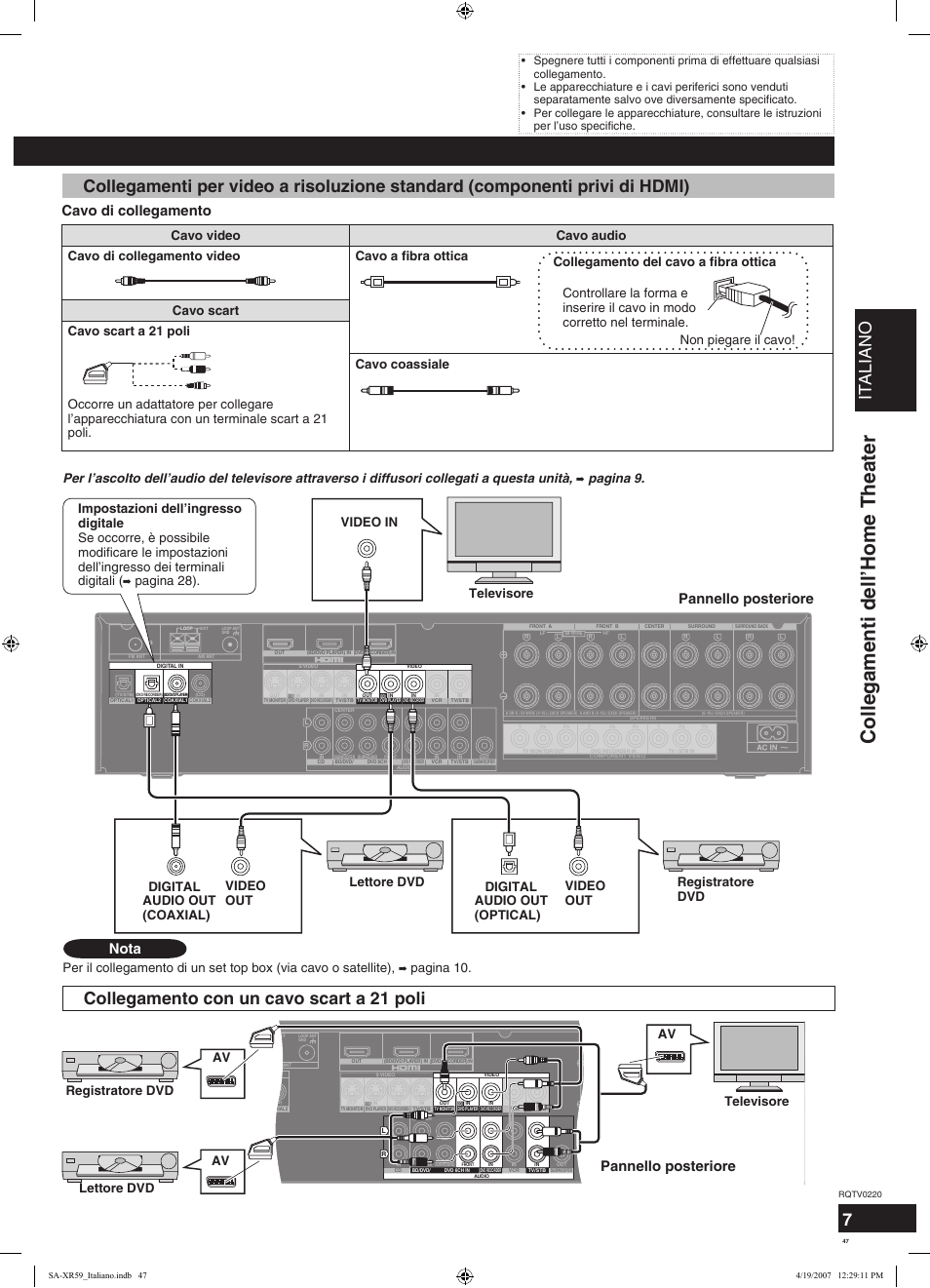 Collegamenti dell’home theater, Italiano, Collegamento con un cavo scart a 21 poli | Cavo di collegamento, Pannello posteriore, Nota, Pagina 28). televisore, Pagina 10, Registratore dvd lettore dvd av av av, Digital | Panasonic SAXR59 User Manual | Page 47 / 120