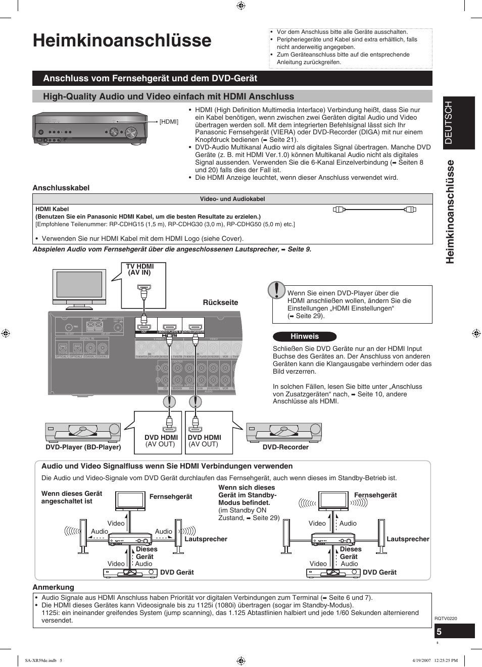 Heimkinoanschlüsse, Deutsch, Rückseite | S video in video in l audio in r, Anschlusskabel hinweis, Anmerkung, Seite 9, Seite 29), Dvd hdmi (av out) dvd-recorder | Panasonic SAXR59 User Manual | Page 5 / 120