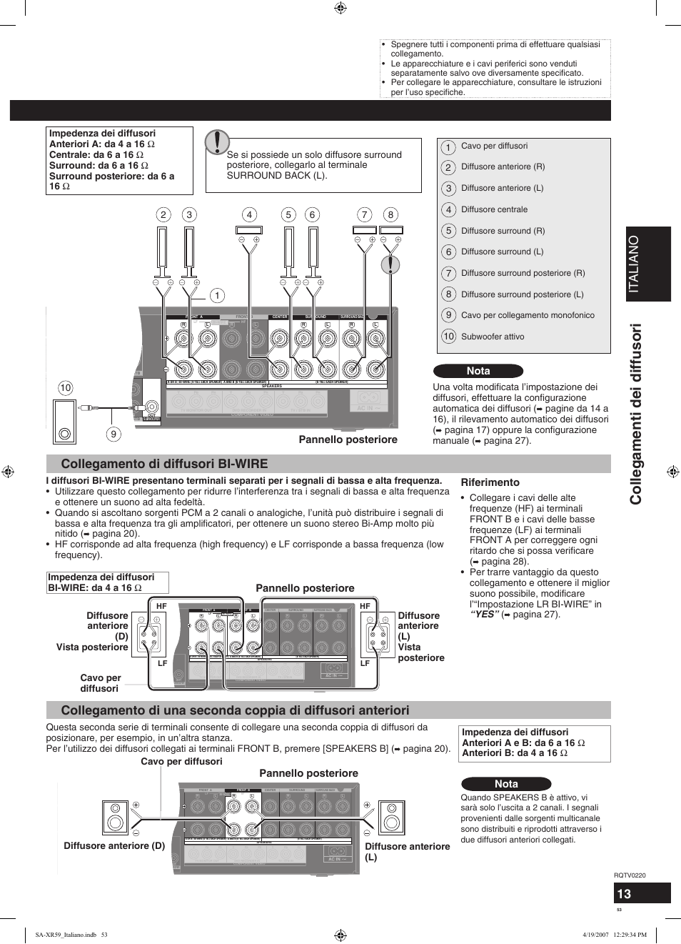 Collegamenti dei diffusori, Italiano, Collegamento dei diffusori | Collegamento di diffusori bi-wire, Nota, Pannello posteriore, Riferimento, Pagina 17) oppure la configurazione manuale, Pagina 27), Pagina 20) | Panasonic SAXR59 User Manual | Page 53 / 120