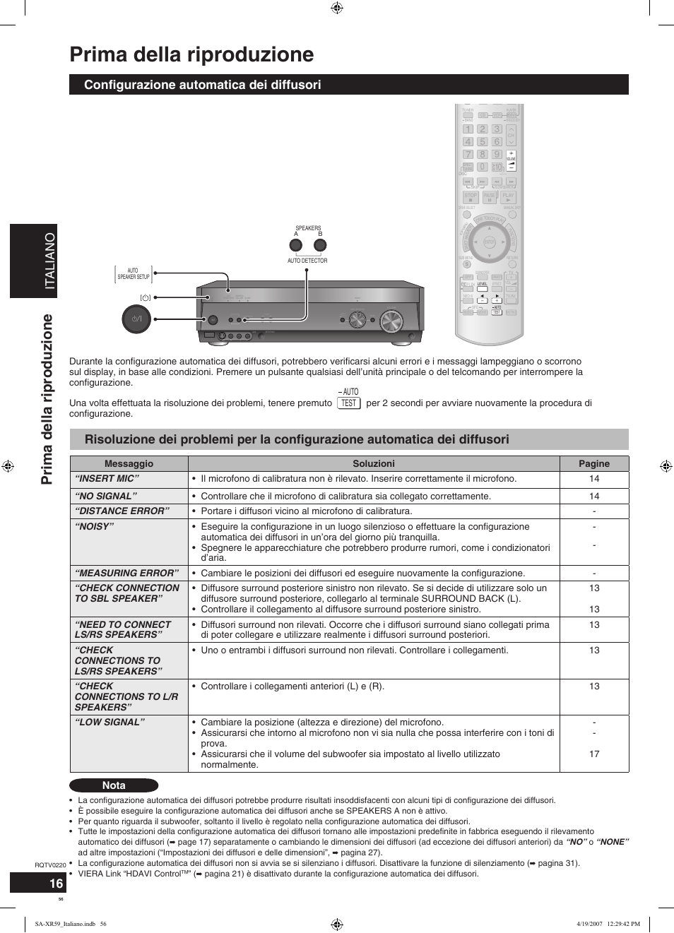 Prima della riproduzione, Italiano, Configurazione automatica dei diffusori | Nota | Panasonic SAXR59 User Manual | Page 56 / 120