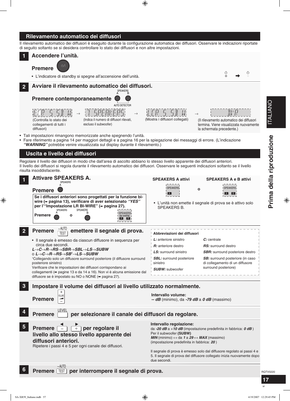 Prima della riproduzione, Italiano, 17 uscita e livello dei diffusori | Attivare speakers a. premere 1, Premere emettere il segnale di prova, 45 premere per interrompere il segnale di prova. 6, Rilevamento automatico dei diffusori, Accendere l’unità. premere | Panasonic SAXR59 User Manual | Page 57 / 120