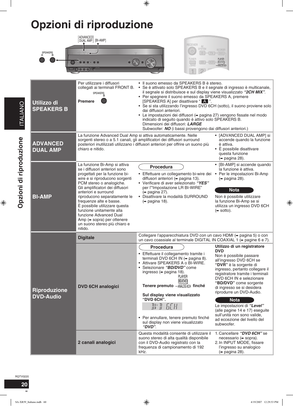 Opzioni di riproduzione, Italiano, Utilizzo di speakers b | Advanced dual amp, Bi-amp, Riproduzione dvd-audio | Panasonic SAXR59 User Manual | Page 60 / 120