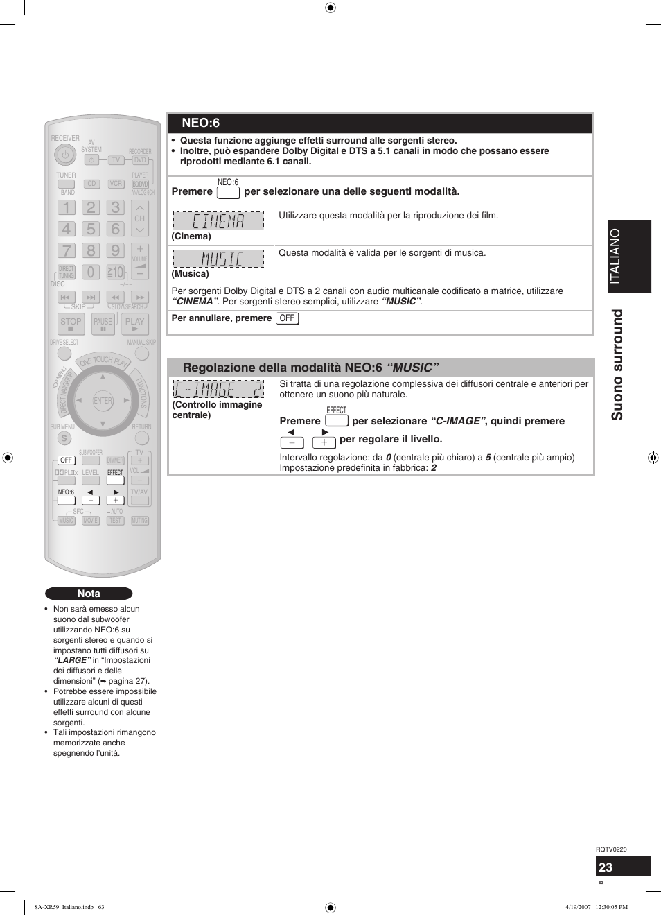 Suono surround, Italiano, 23 dolby pro logic ιιx | Neo:6, Regolazione della modalità neo:6 “music | Panasonic SAXR59 User Manual | Page 63 / 120