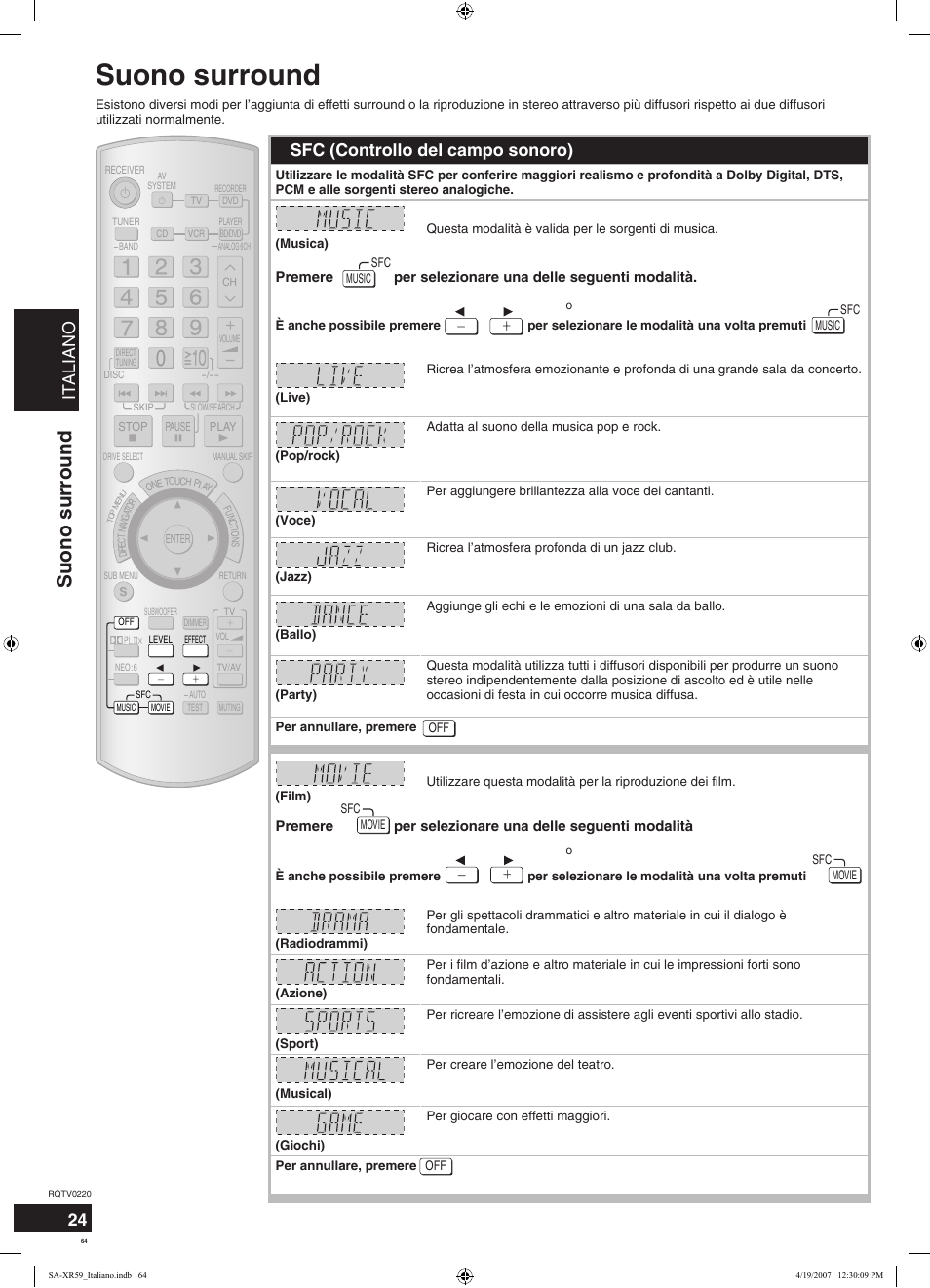 Suono surround, Italiano, Sfc (controllo del campo sonoro) | Panasonic SAXR59 User Manual | Page 64 / 120